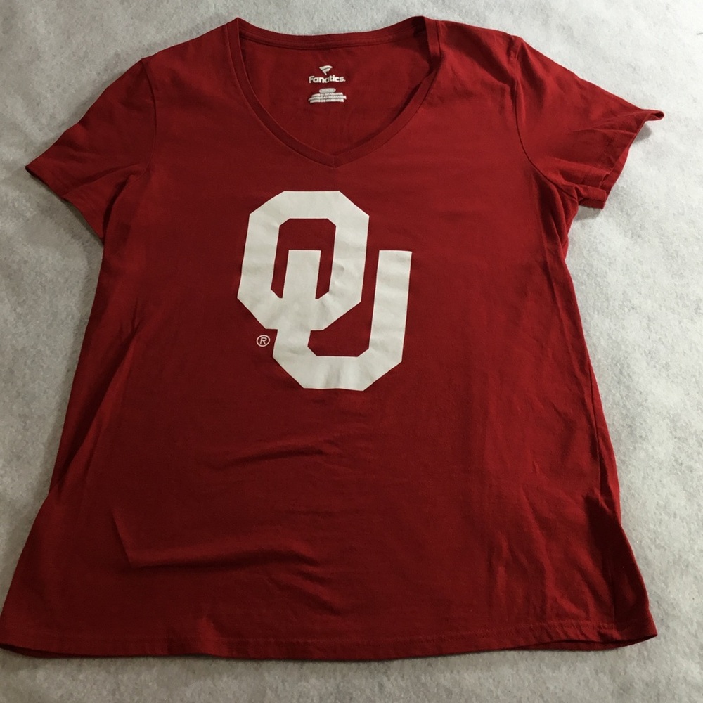 Fanatics Women’s OU Sooners Red V-Neck Tee with White Logo SZ medium NWOT